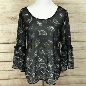 Style & Co Paisley Sheer Crossback Blouse Black XS